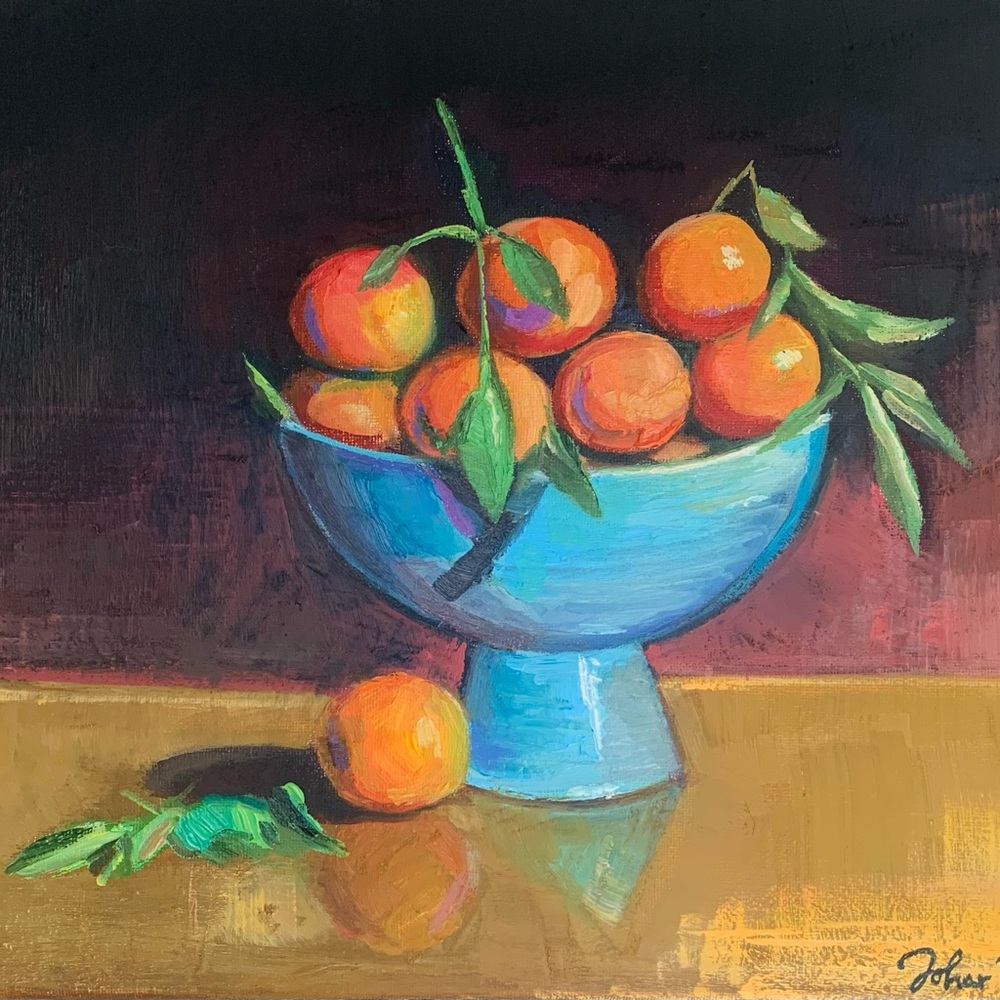 Original Oil Painting Vibrant Blue Bowl with Oranges Clementines Signed